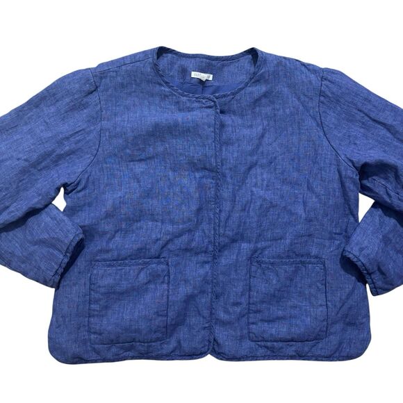Eileen Fisher Jacket Sz Large Blue Organic Linen Delave Padded Snap Front - Picture 1 of 8